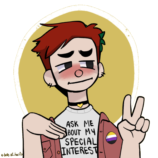 an cartoonish young white nb dude with red hair
            with a somewhat reserved, shy and a bit kind look on their face
            with a t-shirt that reads 'ask me about my special interests'
                under red/pink unzipped shirt which has an nonbinary flag badge on it
            with making a peace sign with left hand and making flat hand gesture with the right one
            with small accessories like double piercing or brief black collar with yellow heart
            with yellow circle-background behind their head